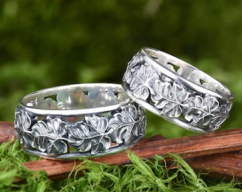 Sterling Silver Leaf Wedding Band Set,  Nature Promise Rings