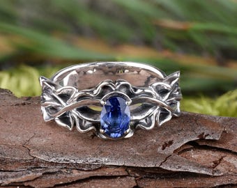 Anillo de compromiso gótico con zafiro azul - Anillo de plata de ley con espinas negras