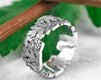 Leaf mens wedding band, Leaf wedding band, silver band ring, leaf and vine ring