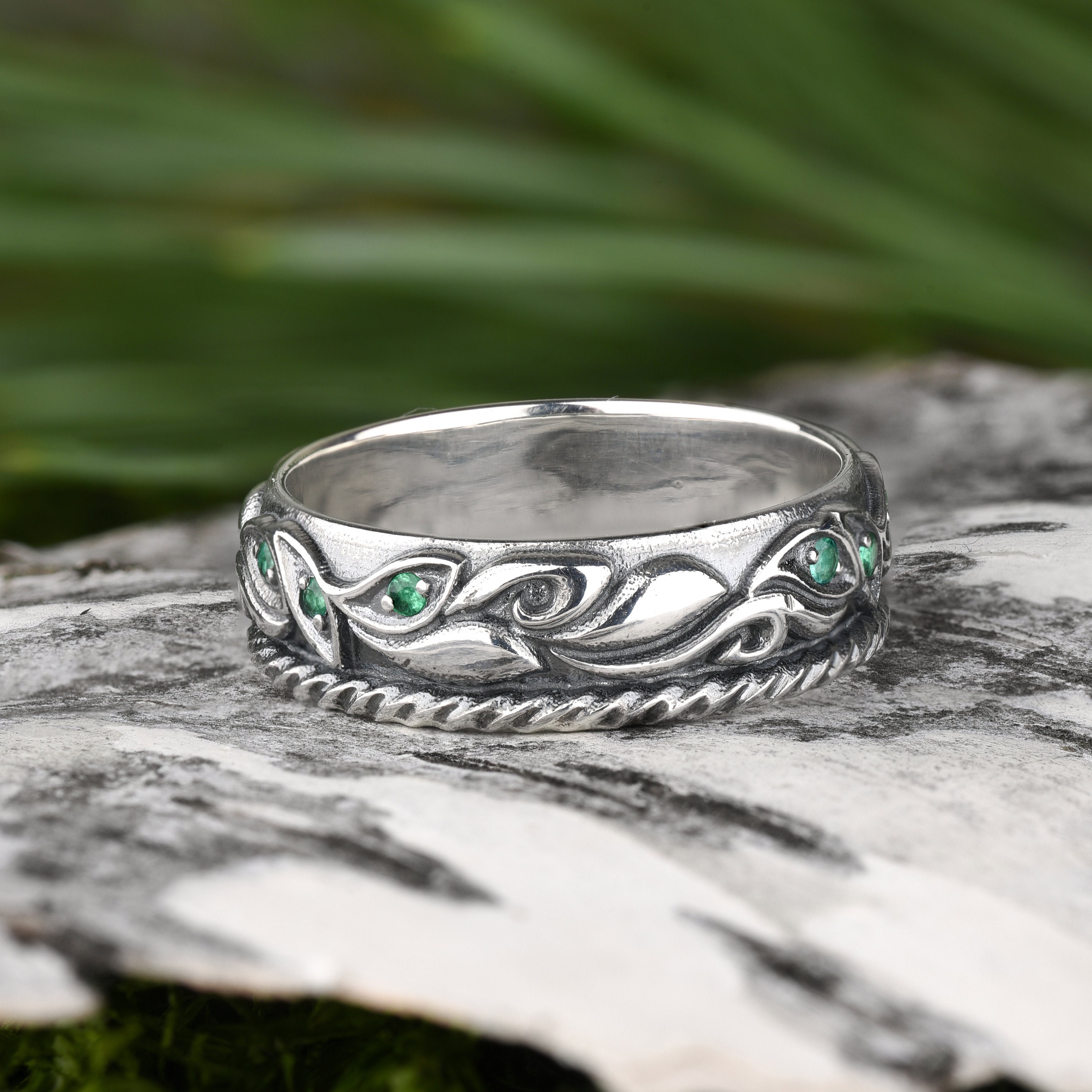 【おまけ付】 Silver Emerald Set Band Wedding Vine and Leaf Set, Ring アクセサリー