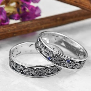 Blue gemstone leaf rings, Grunge rings set, Sterling silver boho jewelry