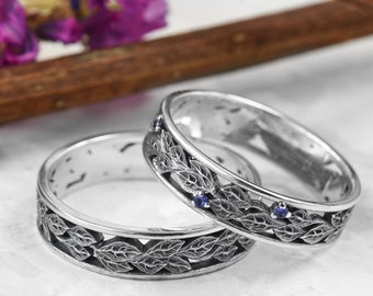 Blue gemstone leaf rings, Grunge rings set, Sterling silver boho jewelry