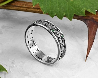 Sterling Silver Emerald Leaf Ring - Art Deco Nature Wedding Band