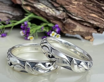Sterling Silver Vine Bands for Couple, Nature-Inspired Promise Rings, His and Hers Ring Set
