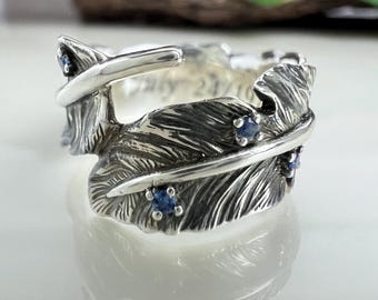 Feather thumb ring with sapphire, 925 sterling silver wrap ring