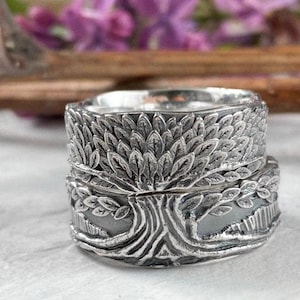 Alianças de casamento artesanais em prata esterlina combinando para casais, alianças de casamento da natureza, nórdica, celta ou irlandesa, conjunto com ornamento de árvore da vida