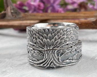 Handcrafted sterling silver matching couples rings nature wedding bands norse celtic or irish ring set with tree of life ornament