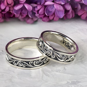 Wave Wedding Ring, Couples Ring Set, Ocean Wedding Ring, Silver Wave Ring, Wedding Band Set Mixed Metal Ring