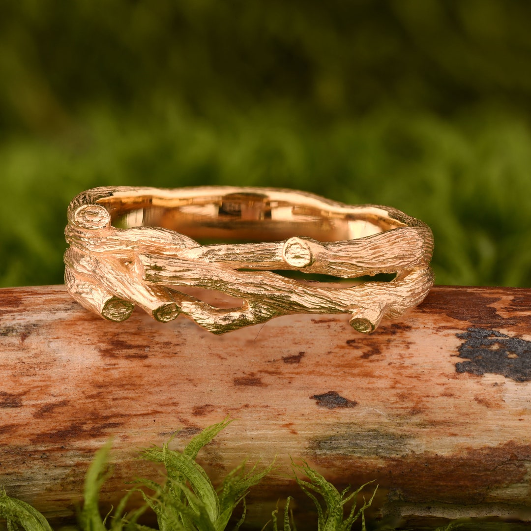 Silver Gold Platted Unique Mens Wedding Band in Form of Twig With