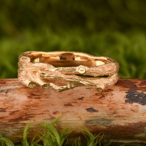 Silver gold platted unique mens wedding band in form of twig with wood texture promise ring for him: nature engagement rings for men