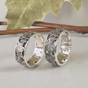 Breite Sterlingsilber 925 Eheringe - Handgefertigtes Ahornblatt Design - Einzigartige handgefertigte Silbertrauringe