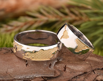 World map wedding rings, 925 silver couple matching band, traveler jewelry gift