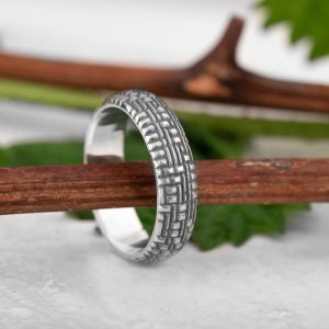 Oxidized Sterling Silver Textured Band Ring: Rustic Mens Wedding Band