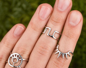 Sterling Silver Stacking Ring Set. Minimalist Ring Crown, Circle, Geometric For Her