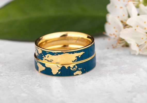 World Map Couples Matcning Rings Personalized Custom - Etsy