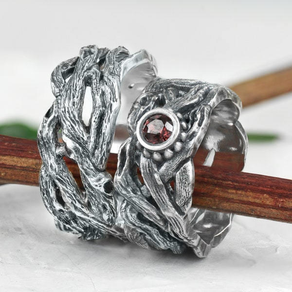 tree wedding band set his and hers, sterling silver garnet wood rings, blackened sterling silver mens wedding ring