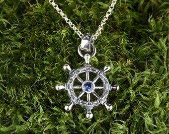 Steering wheel silver statement necklace, Sterling silver seaman pendant with blue sapphire, Us navy gifts, Nautical jewelry