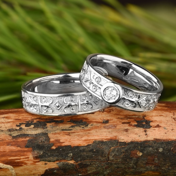 Unique wedding bands sterling silver set of engagement couples matching rings in norse celtic viking style with cubic zirconia for him & her