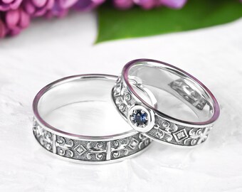 Sterling Silver Wedding Bands, His and Hers Wedding Rings, Wedding Ring Set, Celtic Wedding Band Set, Sapphire Wedding Ring