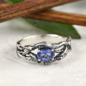 Vintage sterling silver sapphire statement twig ring, engagement vine ring, tree branch forest nature theme anniversary or birthday gift