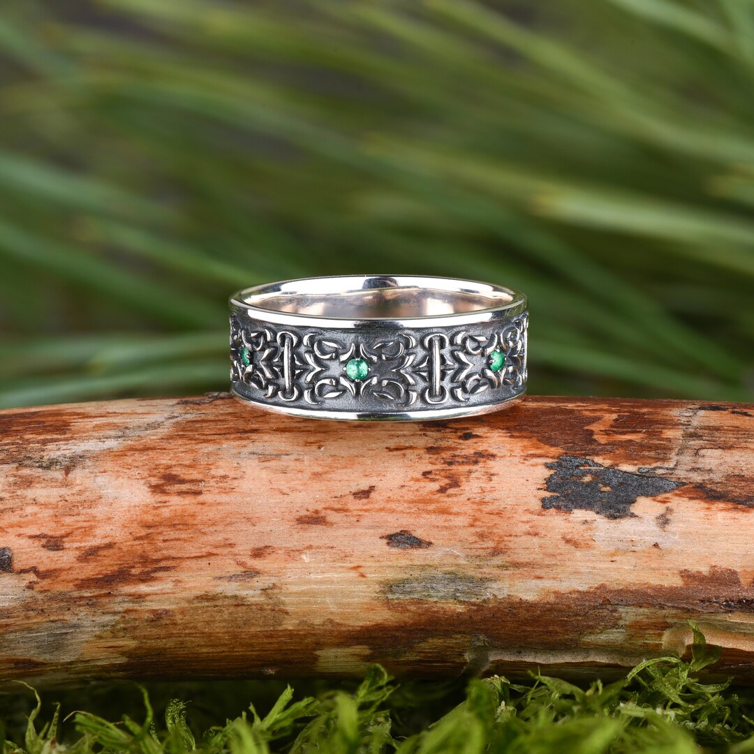 Custom Engraved Celtic Silver Emerald Ring - Natural Gemstone Medieval ...