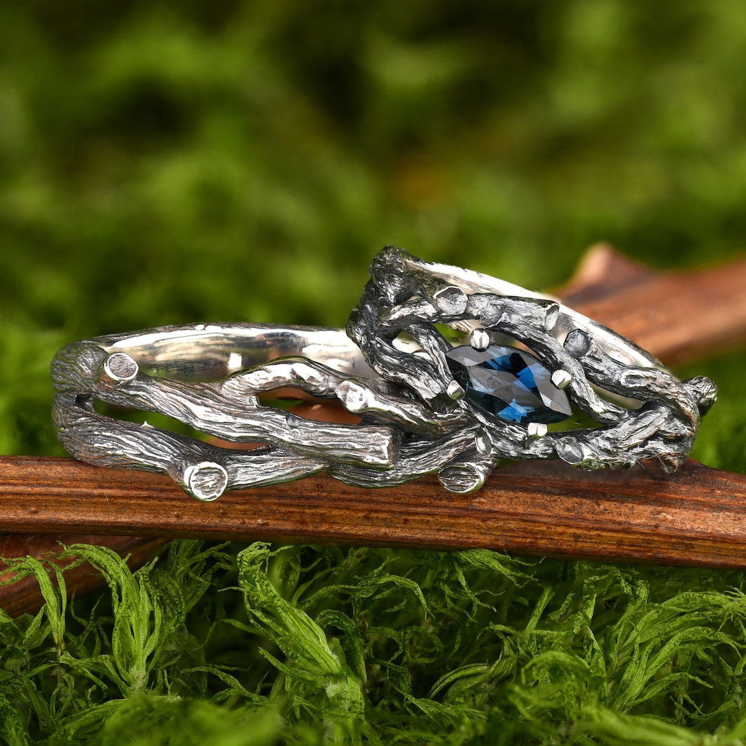 Sterling Silver Twig Ring Set: Sapphire Promise Rings for Couples