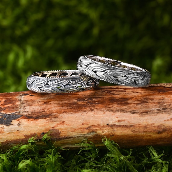925 Silver Couple Promise Rings Sterling Silver Leaf Ring Set Leaf Wedding Band Set Etsy