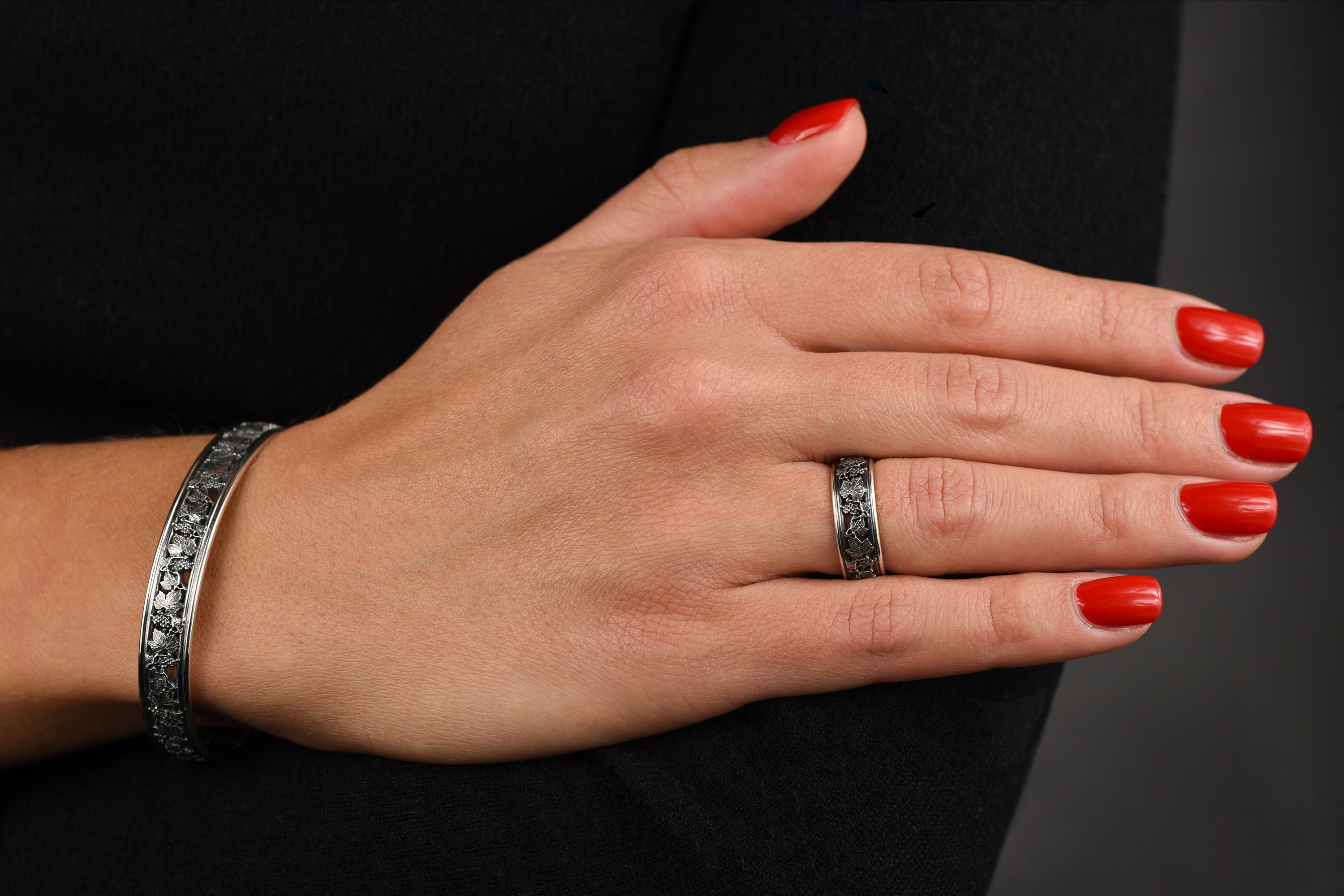 スターリングシルバー フローラル カフブレスレット - ヴィンテージ