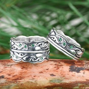 Matching wedding bands with natural emeralds, Silver sapphire ring set, Promise ring couple