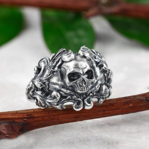 Unique mens pirate skull ring, Sterling silver biker ring, Skeleton pirate ring, pirate jewelry, skull ring for men image 8