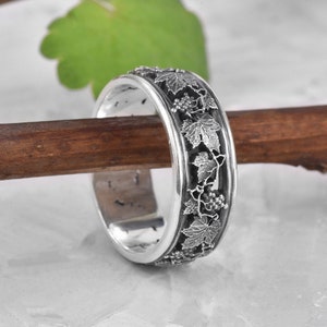 Bladzilveren ring, blad- en wijnstok natuurring, bladtrouwring, trouwring takje