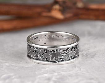 Solid silver wedding band, Maple leaves design ring