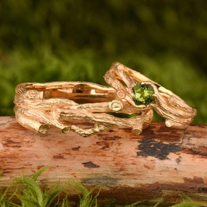 Gold Plated Matching Couples Ring Set - Tree Branch Twig Wedding Band Set - Gold Vermeil Peridot Gemstone Ring - Eclectic Jewelry Gift