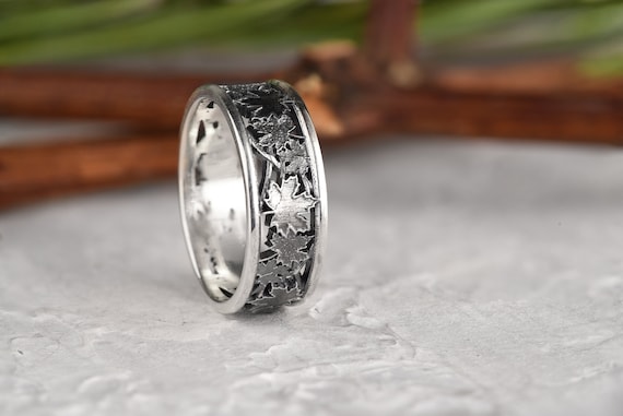 Maple Leaves Design Ring, Soild Silver Carved Band, Custom