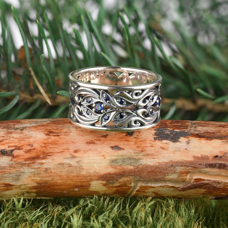 Silver gemstone wave ring set 925 silver fantasy ring Womens sapphire rings
