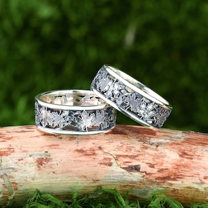 Eheringe mit Zirkonia-Steinen, Ringset zum ersten Jahrestag, Ahornblattring