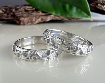 Sterling Silver Wedding Band Set with Textured Pattern – His and Hers Rings