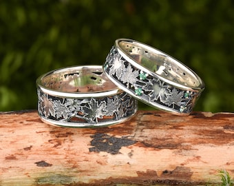 Natural Emerald Leaf Wedding Rings – Sterling Silver Maple Band Set for Couples