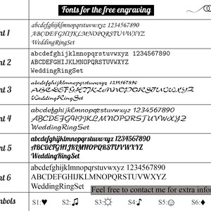 May include: A chart displaying six different fonts for free engraving on wedding rings. The fonts are labelled Font 1 to Font 6. The chart also includes a section for symbols, with six symbols labelled S1 to S6. The text "Feel free to contact me for extra information!" is at the bottom of the chart.