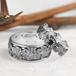 Sterling Silver Leaf Wedding Ring Set: Sapphire Gemstone, Engraved Promise Rings