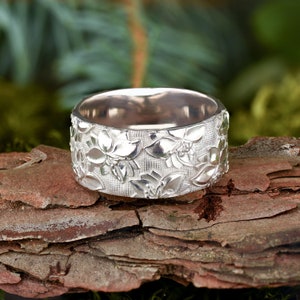 Floral mens ring, 925 silver leaf ring, Blossom ring silver, Nature promise ring