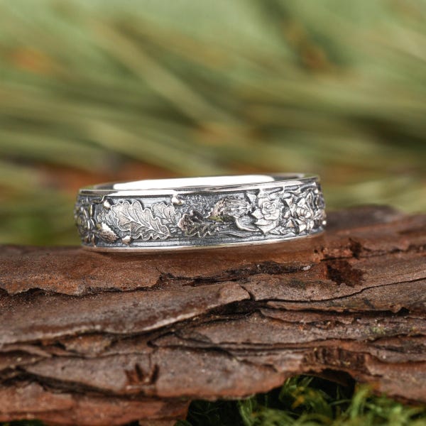 Rose & oak leaf ring, Druid silver band, woodland wedding jewelry, custom engraved chunky ring