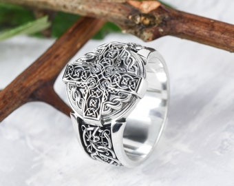 Mens sterling silver celtic cross engagement ring: personalized custom engraved celtic knot wedding band for men in norse viking style