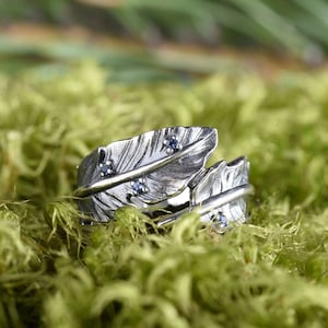 Feather thumb ring with sapphire, 925 sterling silver wrap ring, Aesthetic rings