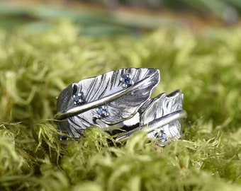 Feather thumb ring with sapphire, 925 sterling silver wrap ring, Aesthetic rings