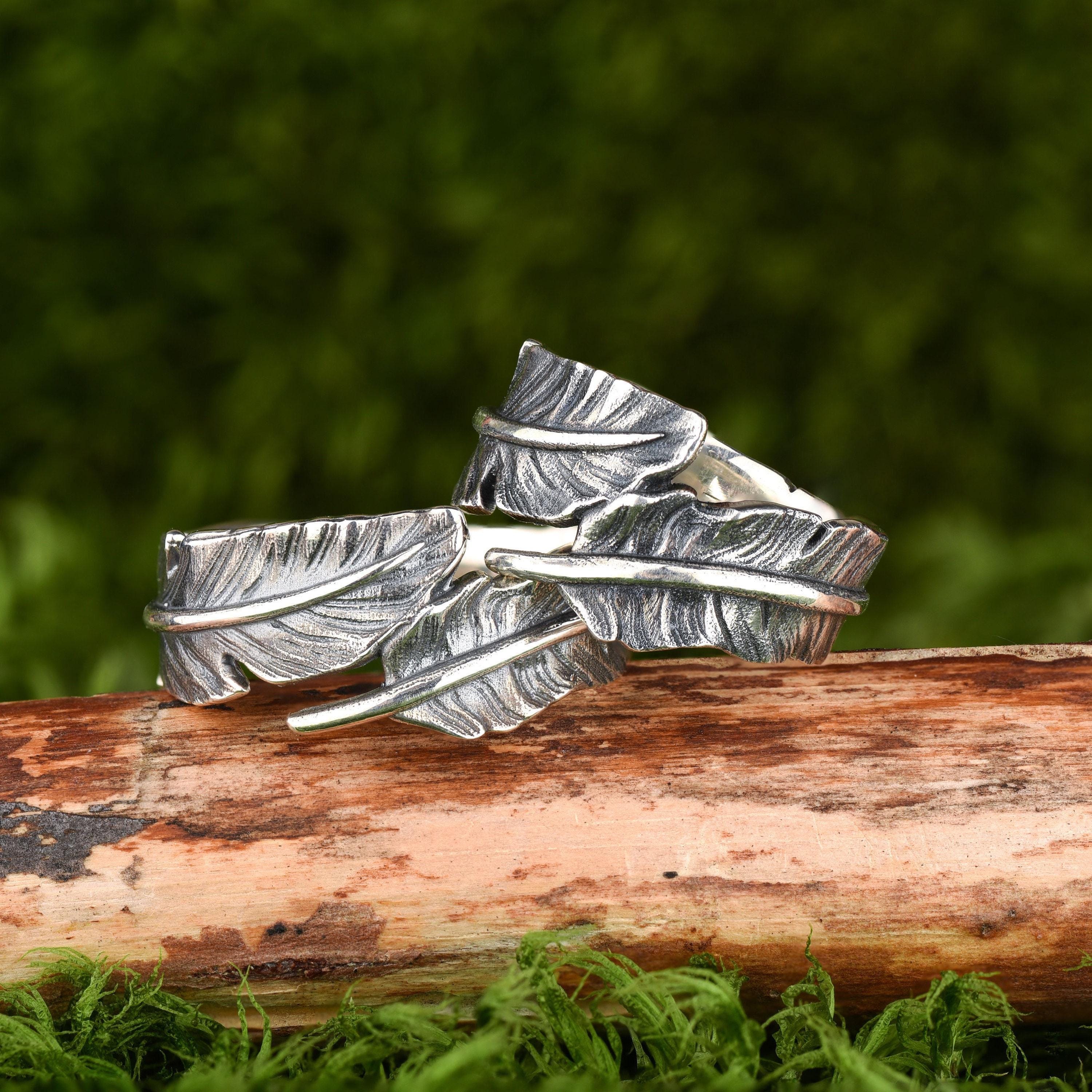 925 Sterling silver bird feather rings, Mens ring feather, Wrap around ring animal