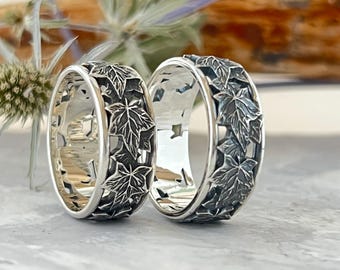 Maple Leaf Sterling Silver Wedding Band Set: Nature-Inspired Rings