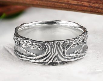 Tree of life ring for men and women, sterling silver filigree leaf ring, mens promise ring, modern forest jewelry
