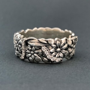 Unique Alternative Wedding Ring for Women Silver Ring Floral Wedding Band Wide Engraved Ring for Women Sterling Silver Ring