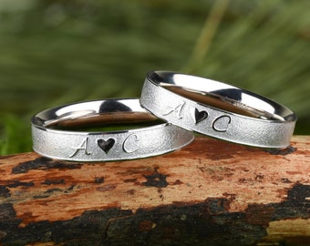Minimalist personalized custom engraved initial matching sterling silver ring set as couples or cool best friend rings idea for women or men